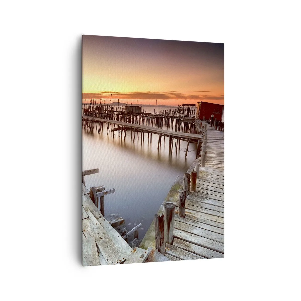 Impression sur toile - Image sur toile - Jetées en bois sur une eau calme au coucher du soleil - 70x100cm - Authentique, pas un attrape touristique - Décoration murale moderne pour le salon et la chambre ARTTOR