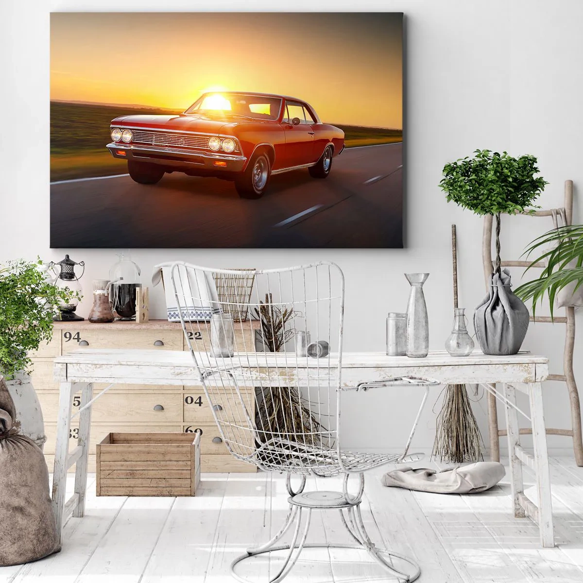 Impression sur toile - Image sur toile - Une voiture rouge au soleil couchant sur une route ouverte - 70x50cm - Le désir est de couleur rouge - Décoration murale moderne pour le salon et la chambre ARTTOR