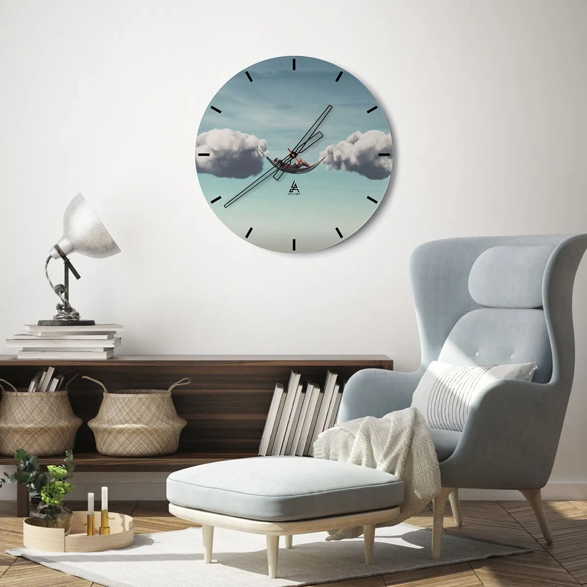 Horloge murale - Pendule murale - Un hamac suspendu aux nuages - 30x30cm - Instant de bonheur - Décoration murale moderne pour le salon, la cuisine et la chambre ARTTOR
