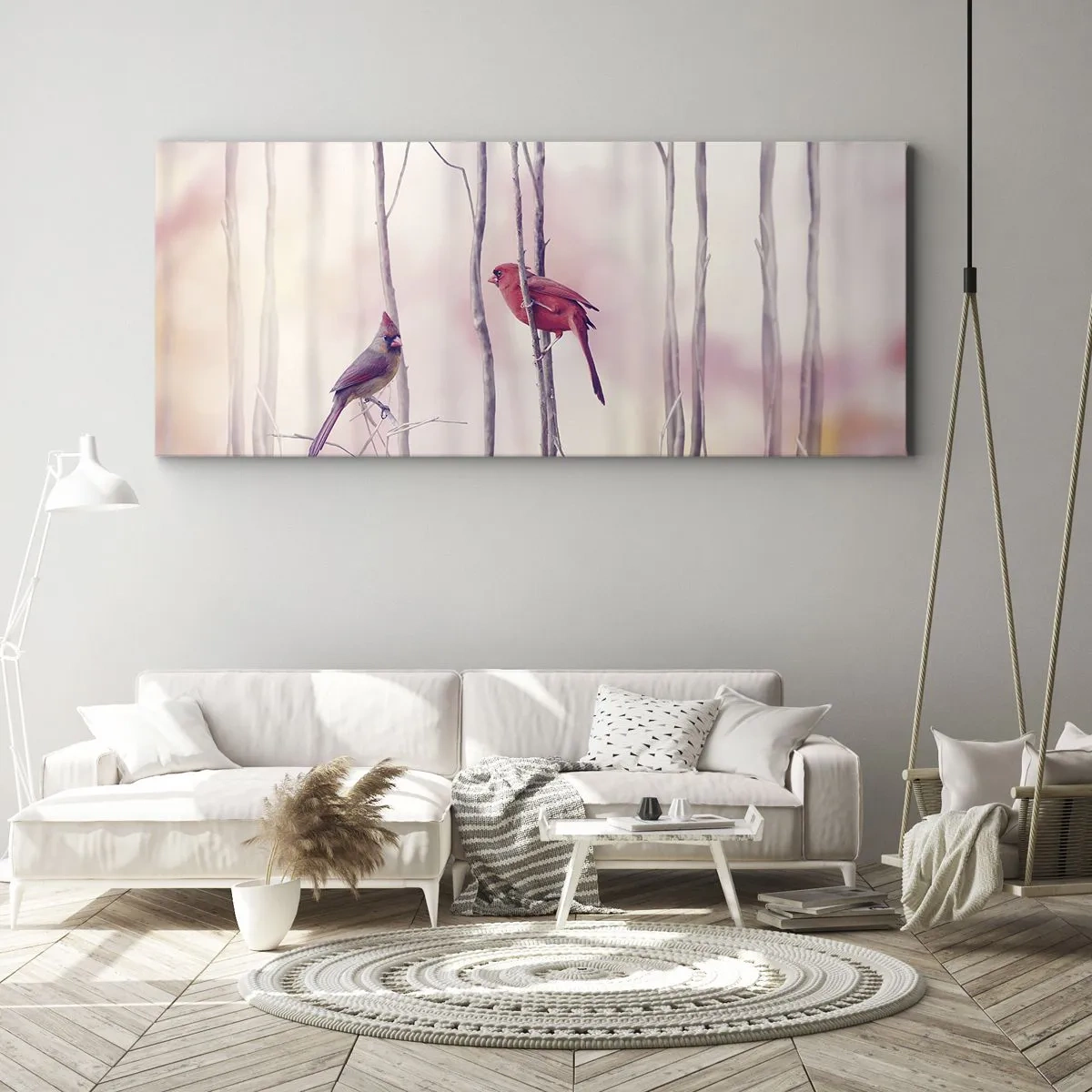Impression sur toile - Image sur toile - Un couple de cardinaux perchés sur des branches dans un paysage pastel - 140x50cm - Conte de la forêt rose - Décoration murale moderne pour le salon et la chambre ARTTOR