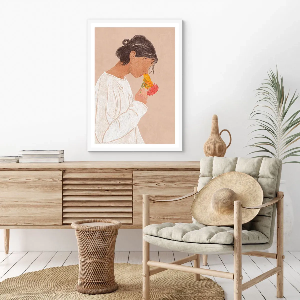 Affiche dans un cadre blanc - Poster - Fille et fleurs - 30x40 cm