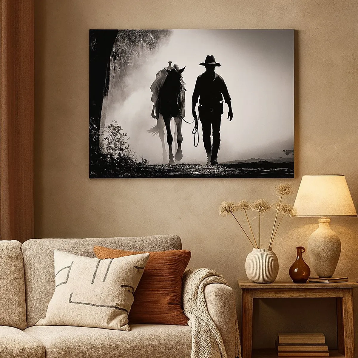 Impression sur toile - Image sur toile - Cowboy avec cheval dans le brouillard matinal - 70x50cm - Matinée texane - Décoration murale moderne pour le salon et la chambre ARTTOR