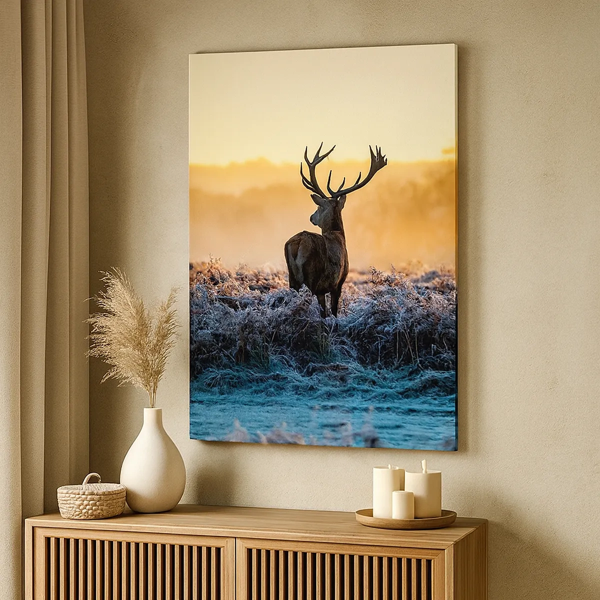 Impression sur toile - Image sur toile - Un cerf dans une clairière gelée au lever du soleil - 50x70cm - Couronné pour sa succession - Décoration murale moderne pour le salon et la chambre ARTTOR