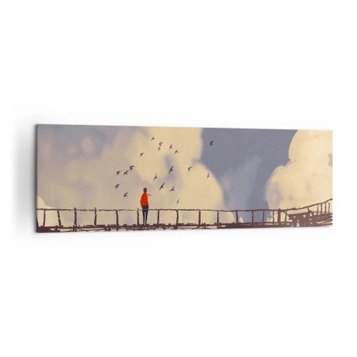 Impression sur toile - Image sur toile - Une silhouette sur un pont parmi les nuages avec des oiseaux dans le ciel - 160x50cm - Bleu nostalgie - Décoration murale moderne pour le salon et la chambre ARTTOR