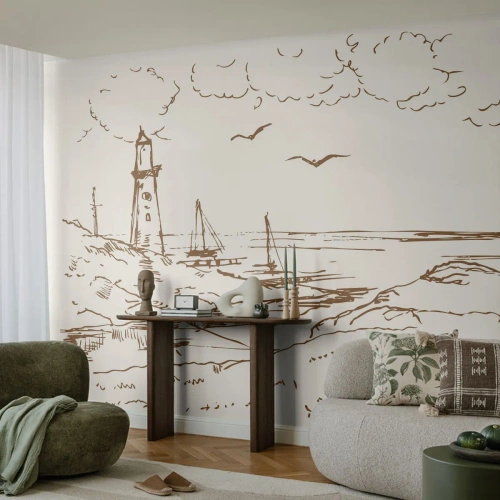 Papier Peint Photo Premium Canvas - Esquisse de souvenirs d'été - Graphique, Côte, Phare - 250x175 cm