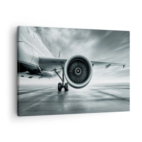 Impression sur toile - Image sur toile - Le réacteur d'un avion sur le tarmac - 70x50cm - Sent la force! - Décoration murale moderne pour le salon et la chambre ARTTOR