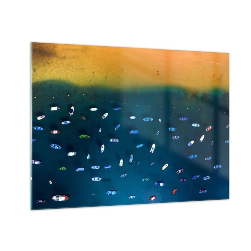 Impression sur verre - Image sur verre - Des bateaux sur fond d'eau turquoise et de rivage doré - 70x50cm - Jeu de vacances - Décoration murale moderne pour le salon et la chambre ARTTOR