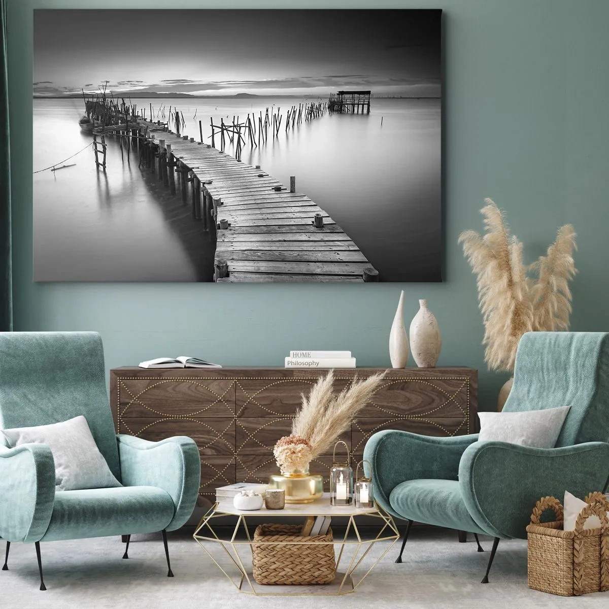 Impression sur toile - Image sur toile - Une jetée en bois sur un lac calme dans des tons de gris - 70x50cm - La paix d'un rivage oublié - Décoration murale moderne pour le salon et la chambre ARTTOR