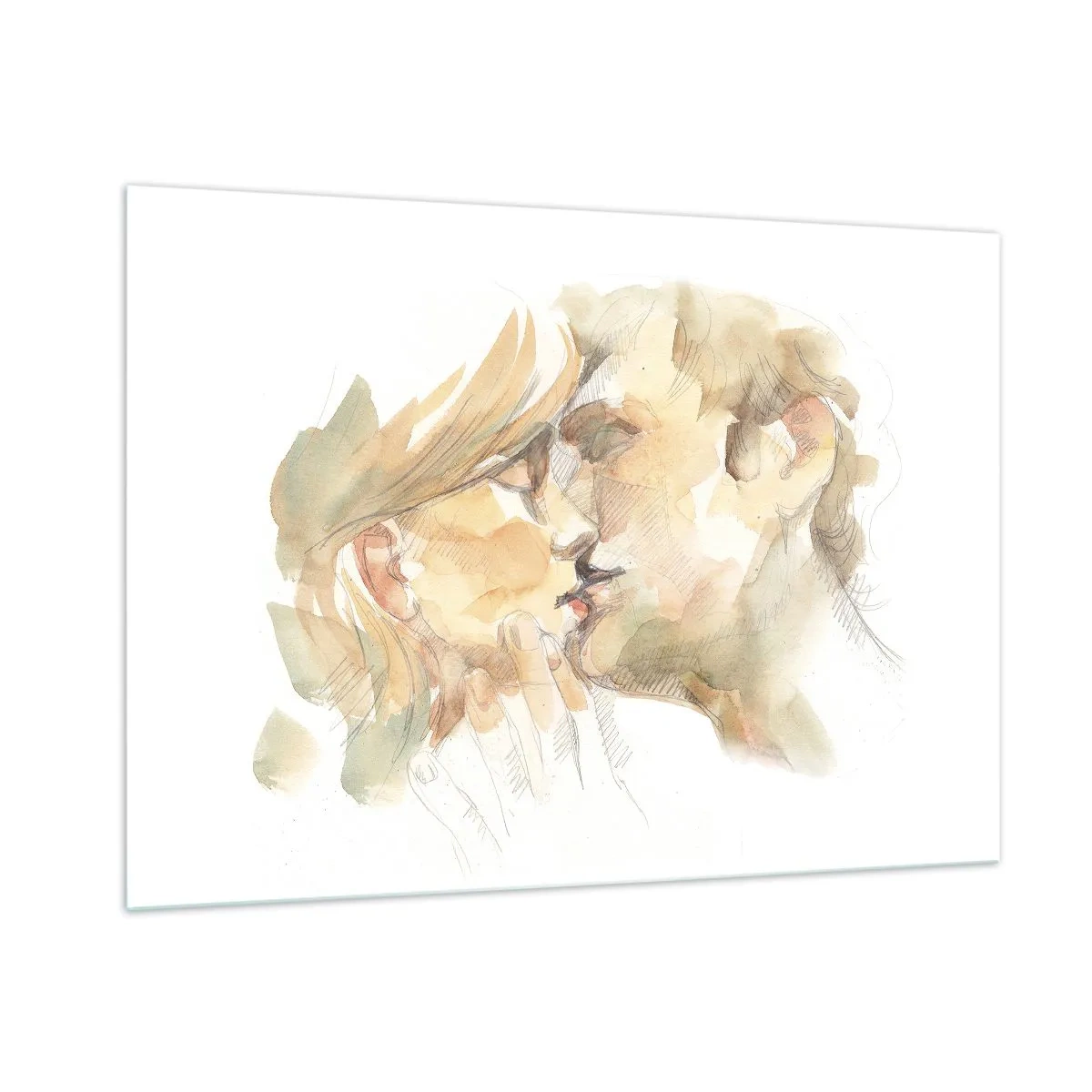 Impression sur verre - Image sur verre - Aquarelle romantique représentant un baiser d'amoureux - 100x70cm - A moitié trouvé ? - Décoration murale moderne pour le salon et la chambre ARTTOR