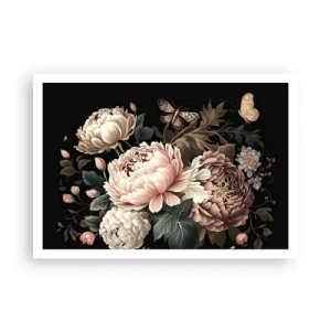 Affiche - Poster - Un bouquet de fleurs roses et de papillons sur fond noir - 100x70cm - De style baroque - Décoration murale moderne pour le salon et la chambre ARTTOR