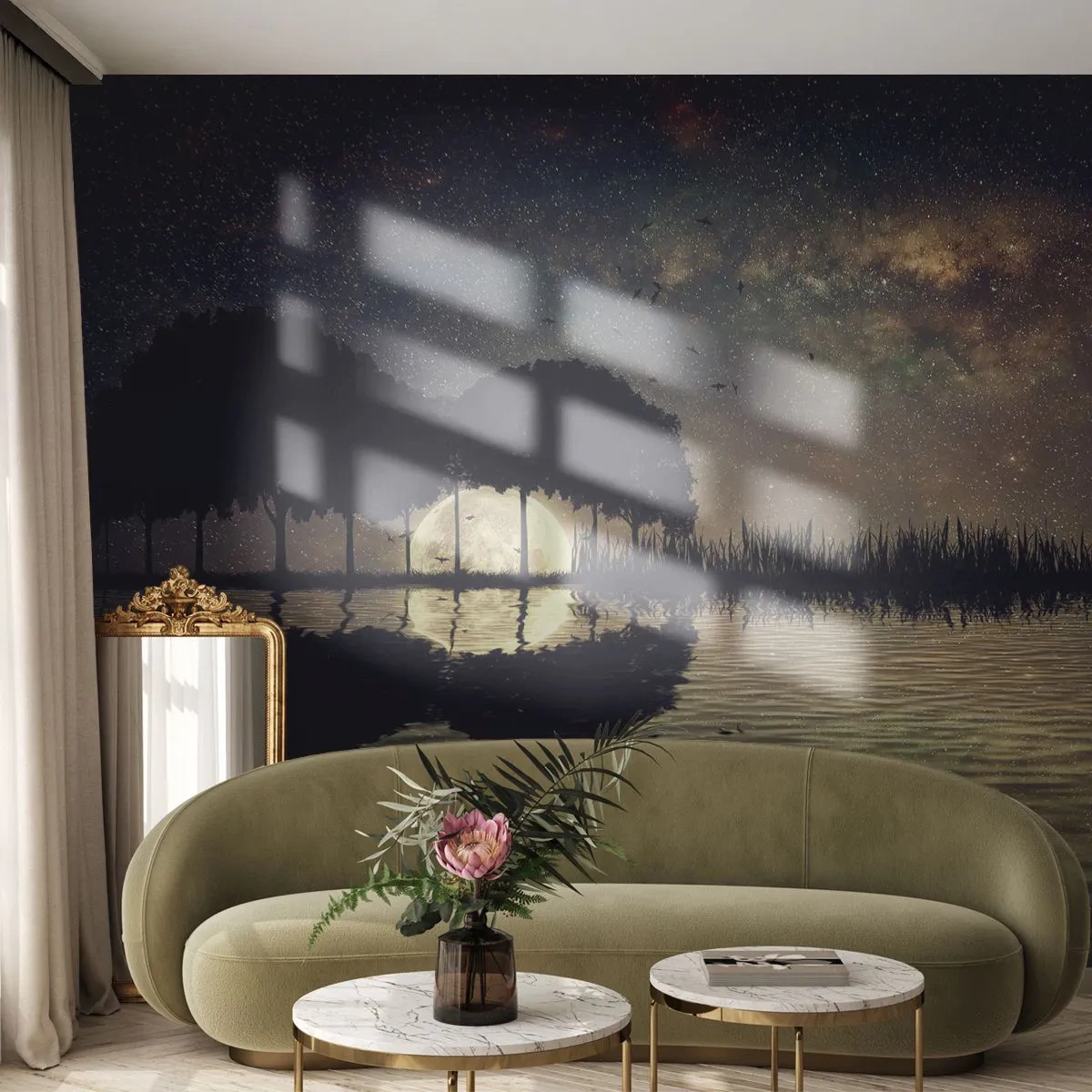 Papier Peint Photo Premium Canvas - Nuit au bout du monde - Paysage, Lac, Lune - 250x175 cm