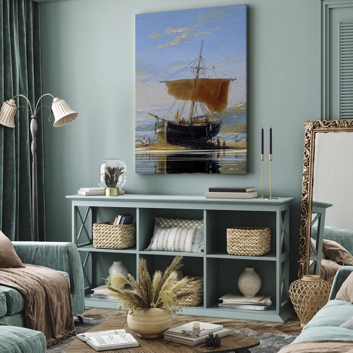 Impression sur toile - Image sur toile - Un bateau au bord de la mer par une journée ensoleillée - 50x70cm - Eau, terre, air - Décoration murale moderne pour le salon et la chambre ARTTOR