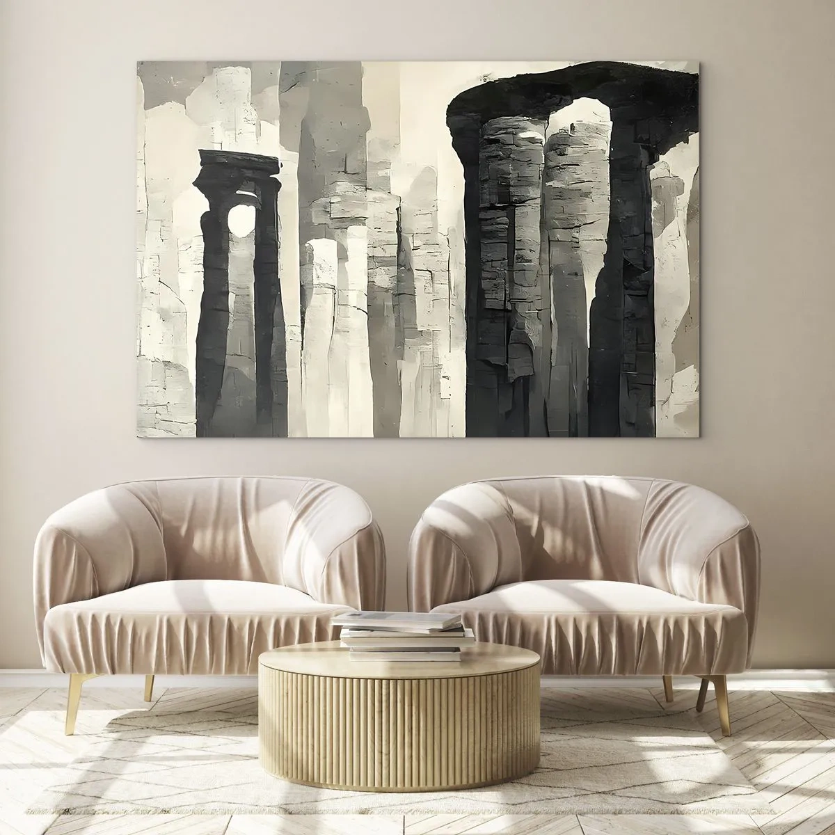 Impression sur verre - Image sur verre - Colonnes en pierre de style antique dans une palette de couleurs neutres - 100x70cm - La majesté de l'Antiquité - Décoration murale moderne pour le salon et la chambre ARTTOR