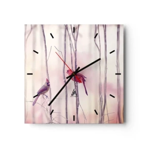 Horloge murale - Pendule murale - Un couple de cardinaux perchés sur des branches dans un paysage pastel - 30x30cm - Conte de la forêt rose - Décoration murale moderne pour le salon et la chambre ARTTOR
