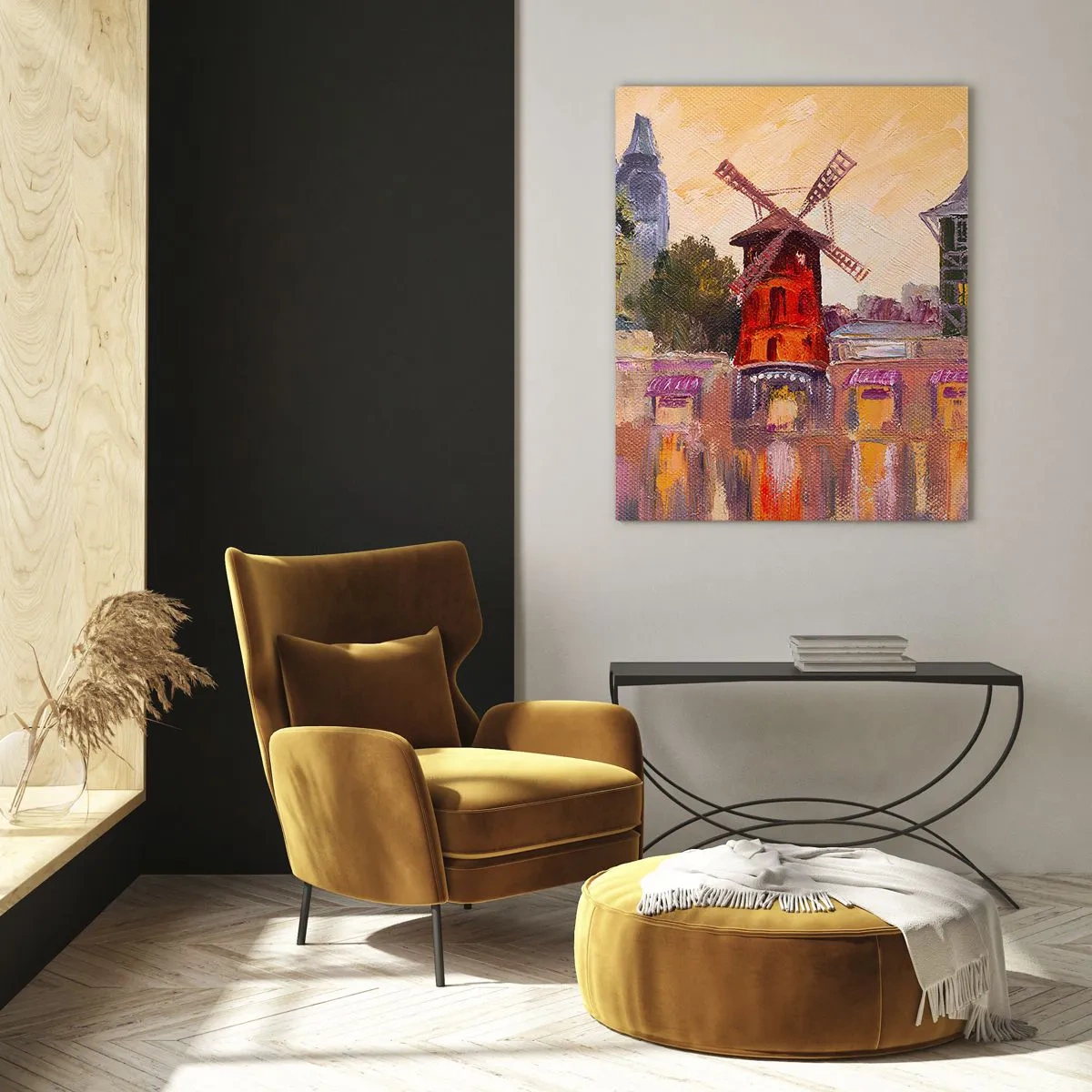 Impression sur verre - Image sur verre - Le moulin à vent rouge du Moulin Rouge entouré par le paysage urbain - 80x120cm - Icones parisiennes – le Moulin rouge - Décoration murale moderne pour le salon et la chambre ARTTOR