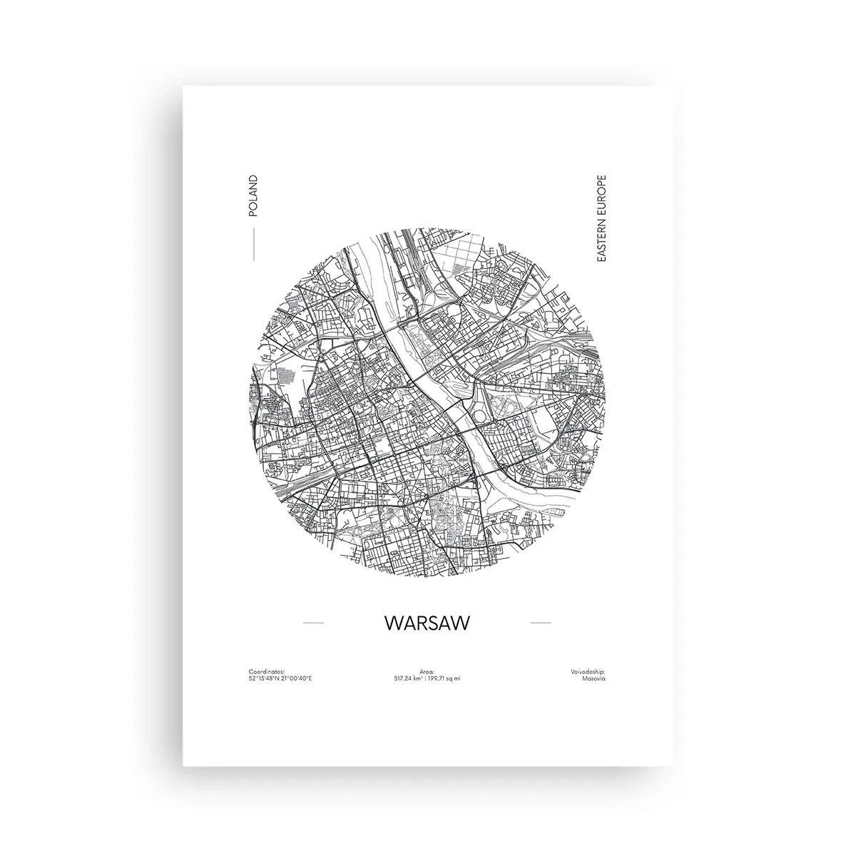 Affiche - Poster - Carte minimaliste de Varsovie en cercle - 50x70cm - Anatomie de Varsovie - Décoration murale moderne pour le salon et la chambre ARTTOR