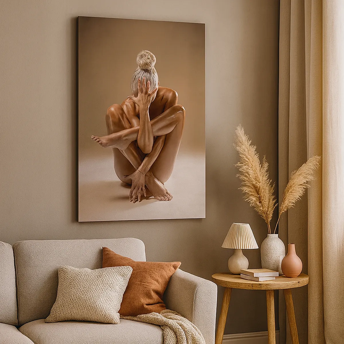 Impression sur toile - Image sur toile - Silhouette artistique d'une femme sur fond beige - 50x70cm - Unité du corps et de l'âme - Décoration murale moderne pour le salon et la chambre ARTTOR