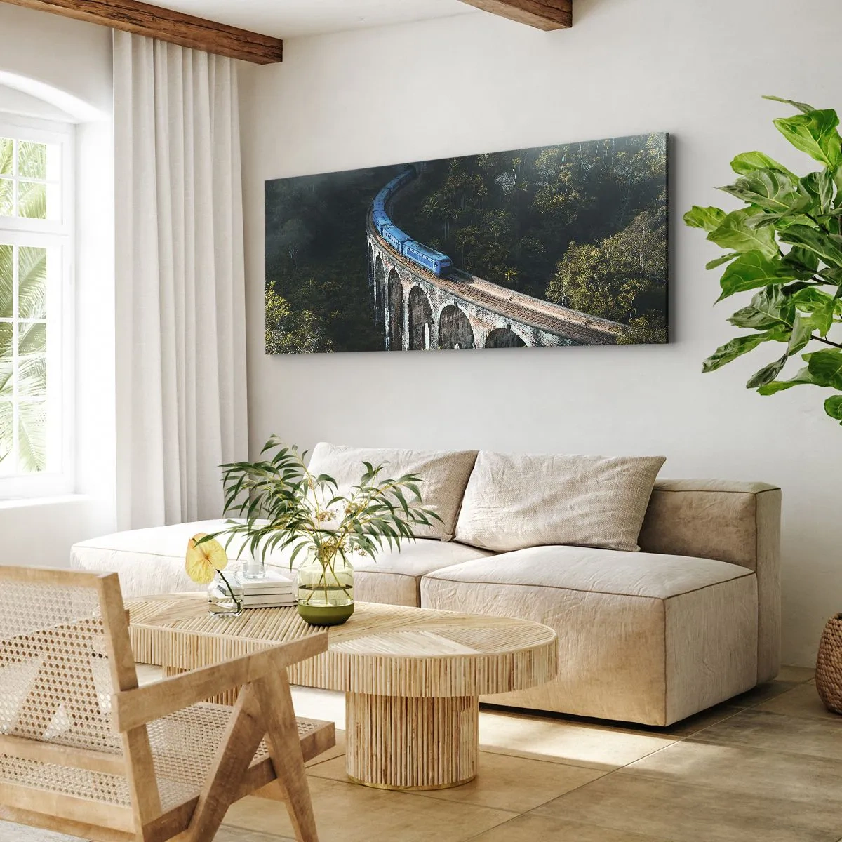 Impression sur toile - Image sur toile - Un train bleu sur un viaduc historique au milieu des forêts - 120x50cm - Train nature - Décoration murale moderne pour le salon et la chambre ARTTOR
