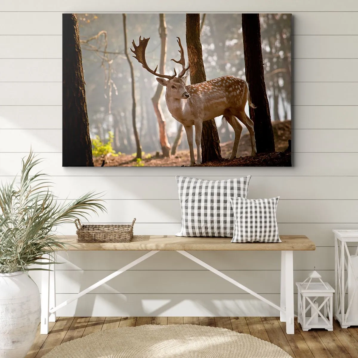 Impression sur toile - Image sur toile - Cerf dans la forêt dans le brouillard du matin - 120x80cm - La lumière de la jeunesse - Décoration murale moderne pour le salon et la chambre ARTTOR