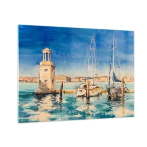 Impression sur verre - Image sur verre - Marina à l'aquarelle avec un phare et des yachts amarrés - 70x50cm - Lagune ensoleillée - Décoration murale moderne pour le salon et la chambre ARTTOR