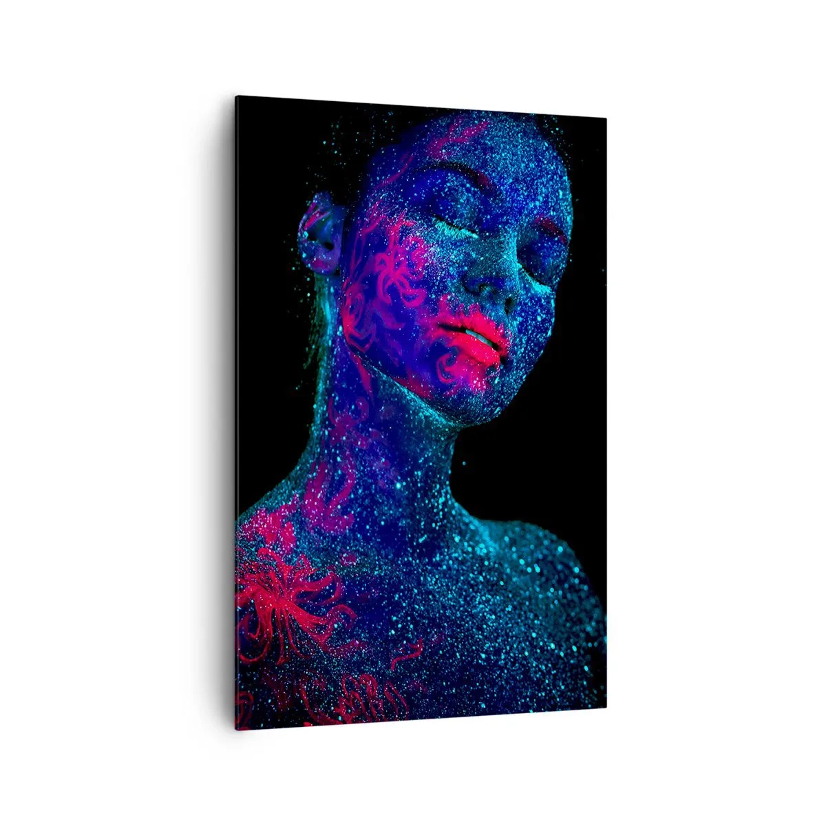 Impression sur toile - Image sur toile - Portrait d'une femme aux couleurs fluo sur fond noir - 80x120cm - Dans la poussière d'étoiles - Décoration murale moderne pour le salon et la chambre ARTTOR