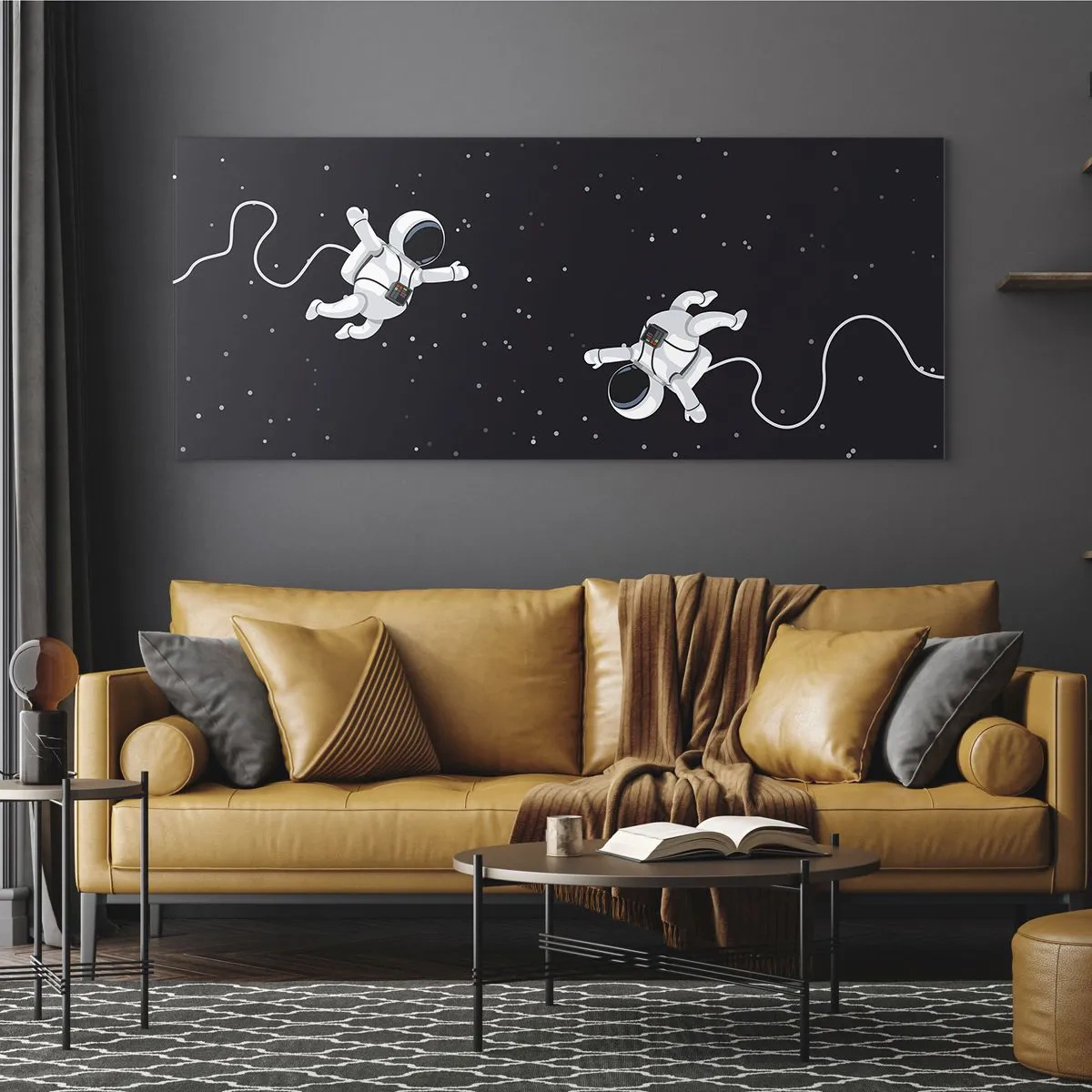 Impression sur verre - Image sur verre - Des astronautes flottant dans l'espace sur fond d'étoiles - 120x50cm - Sortie cosmique - Décoration murale moderne pour le salon et la chambre ARTTOR