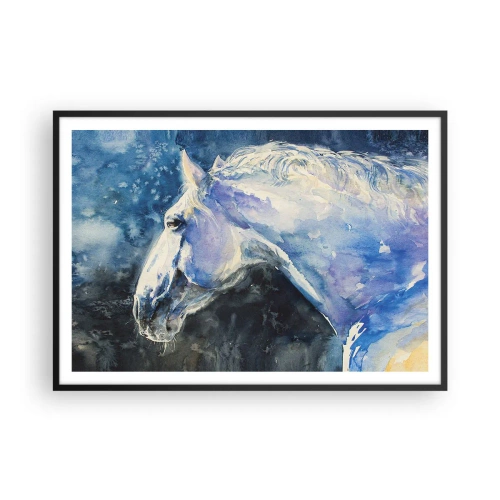 Affiche dans un cadre noir - Poster - Portrait d'un cheval dans des tons de bleu avec un effet aquarelle pictural. - 100x70cm - Portrait dans une lueur azur - Décoration murale moderne pour le salon et la chambre ARTTOR