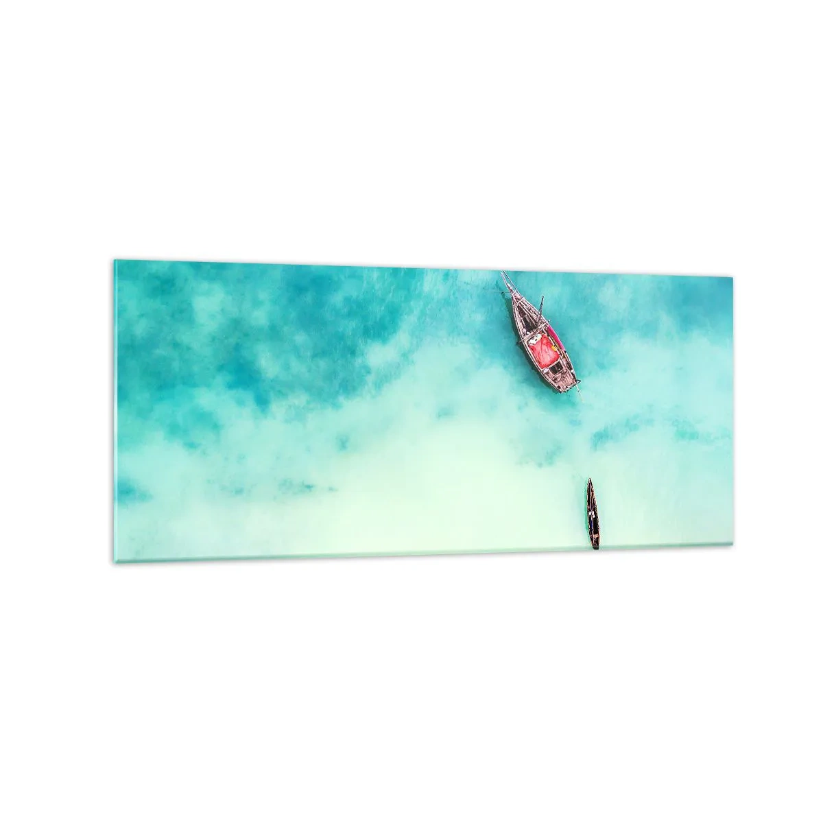 Impression sur verre - Image sur verre - Bateaux sur l'eau turquoise vus à vol d'oiseau - 120x50cm - Car sur les plages de Zanzibar, quand il y a un débordement d'eau... - Décoration murale moderne pour le salon et la chambre ARTTOR