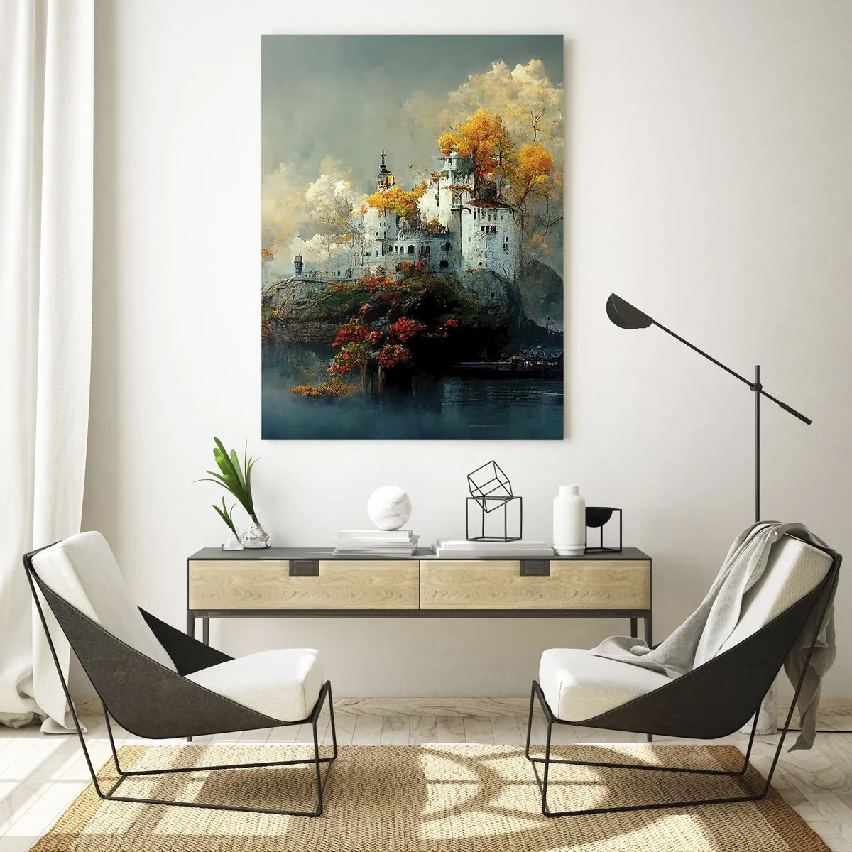 Impression sur verre - Image sur verre - Un château sur un rocher entouré de brouillard et d'arbres d'automne - 50x70cm - Le début d'une histoire romantique - Décoration murale moderne pour le salon et la chambre ARTTOR