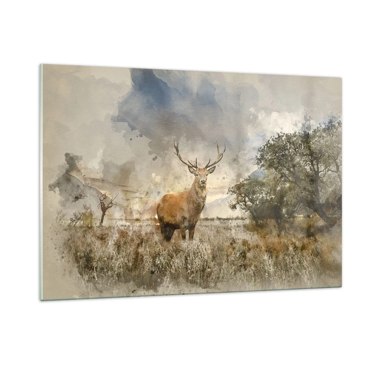 Impression sur verre - Image sur verre - Un cerf dans un paysage naturel avec des couleurs subtiles en arrière-plan - 120x80cm - Dignité - force - majesté - Décoration murale moderne pour le salon et la chambre ARTTOR