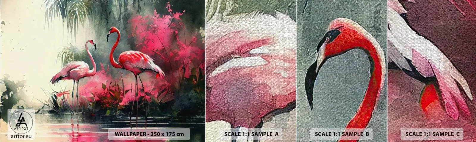 Échantillon de Papier Peint Premium Canvas - Une leçon de grâce naturelle - Flamants roses, Morceau, Paysage - 100x30 cm