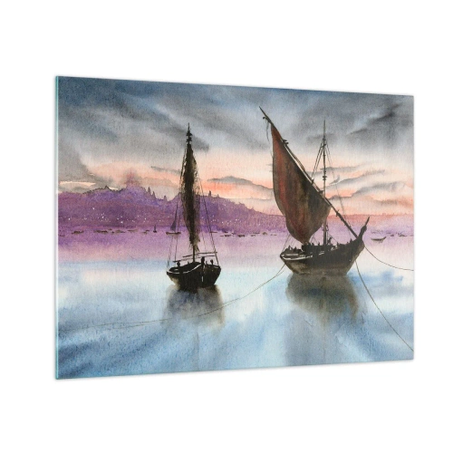 Impression sur verre - Image sur verre - Deux voiliers sur une eau calme au coucher du soleil - 70x50cm - Soirée au port - Décoration murale moderne pour le salon et la chambre ARTTOR