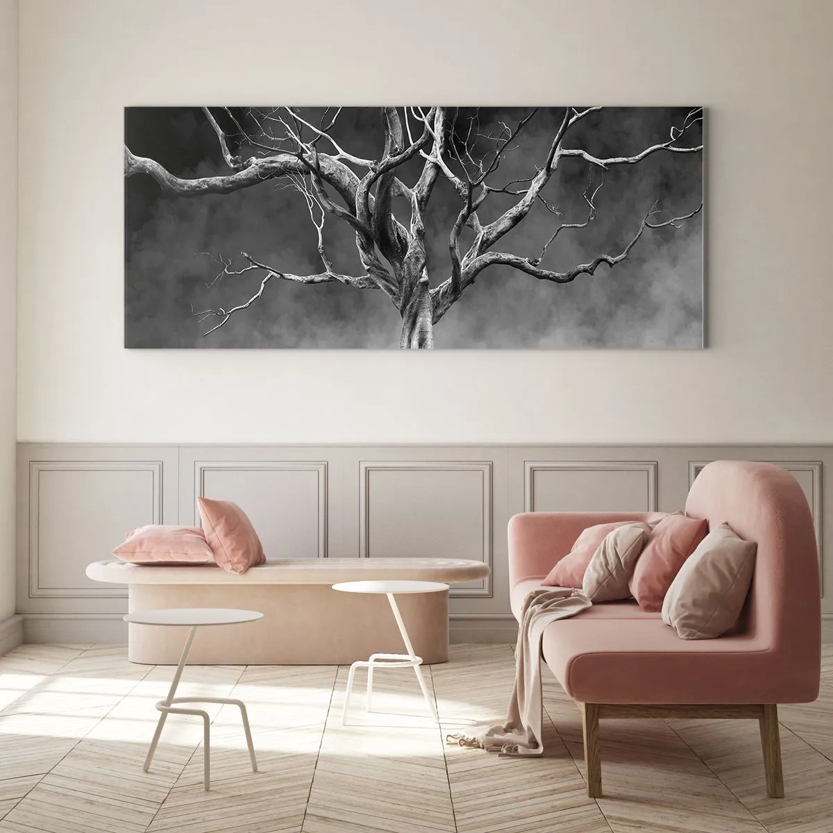 Impression sur verre - Image sur verre - Un arbre sec en noir et blanc contre le brouillard - 120x50cm - Primordial et sacré - Décoration murale moderne pour le salon et la chambre ARTTOR