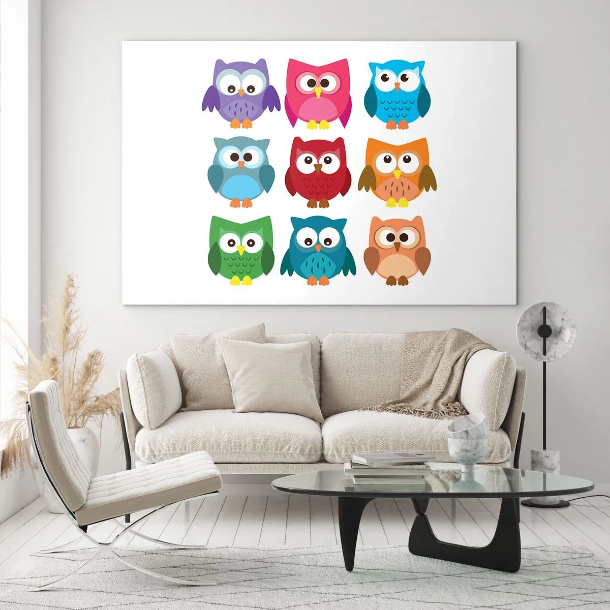 Impression sur verre - Image sur verre - Hiboux colorés dans un style dessin animé sur fond blanc - 120x80cm - C'est amusant d'être différent - Décoration murale moderne pour le salon et la chambre ARTTOR