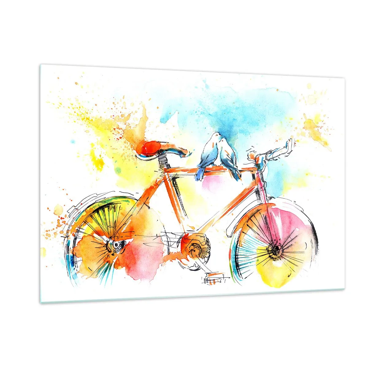 Impression sur verre - Image sur verre - Un vélo coloré avec des oiseaux assis sur le guidon - 120x80cm - À deux en vélo - Décoration murale moderne pour le salon et la chambre ARTTOR