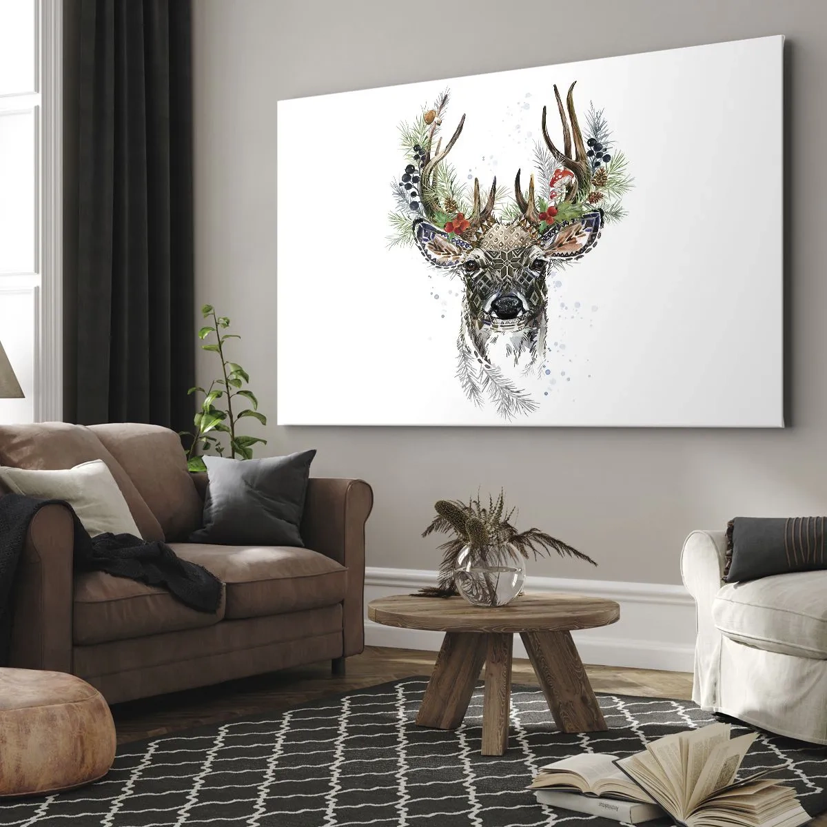 Impression sur toile - Image sur toile - Cerf stylisé avec des bois décoratifs sur fond blanc - 100x70cm - En robe de fête - Décoration murale moderne pour le salon et la chambre ARTTOR