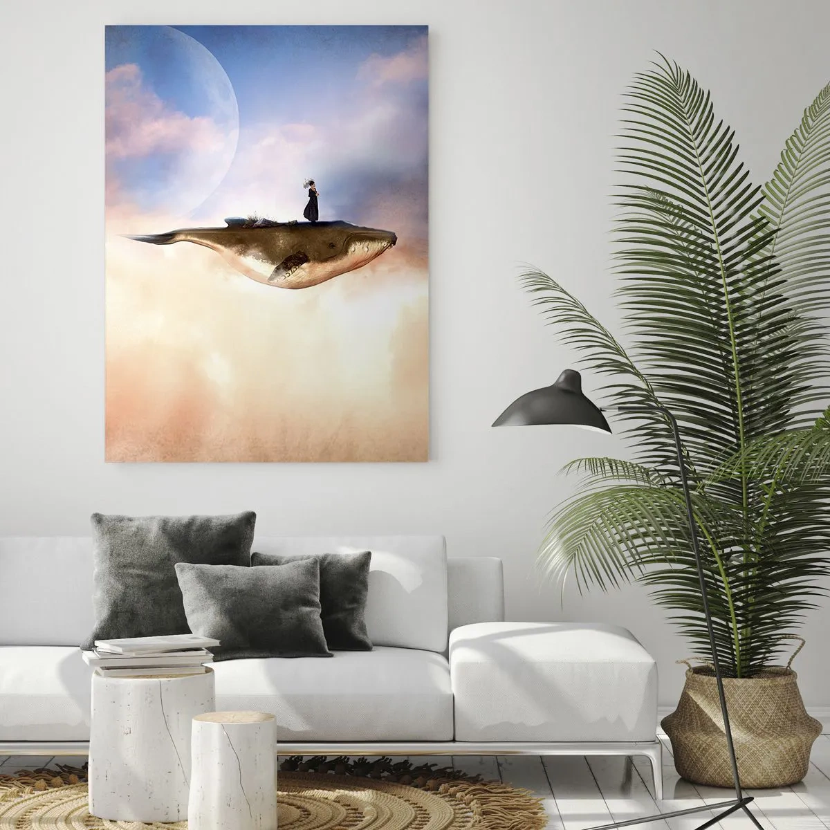 Impression sur verre - Image sur verre - Une baleine fantastique flottant dans les nuages avec une femme sur le dos. - 50x70cm - Voyage irréel - Décoration murale moderne pour le salon et la chambre ARTTOR