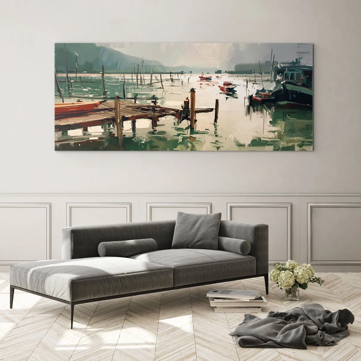 Impression sur verre - Image sur verre - Un port pittoresque avec des bateaux sur une eau calme - 120x50cm - Trempé dans une lune en fusion - Décoration murale moderne pour le salon et la chambre ARTTOR