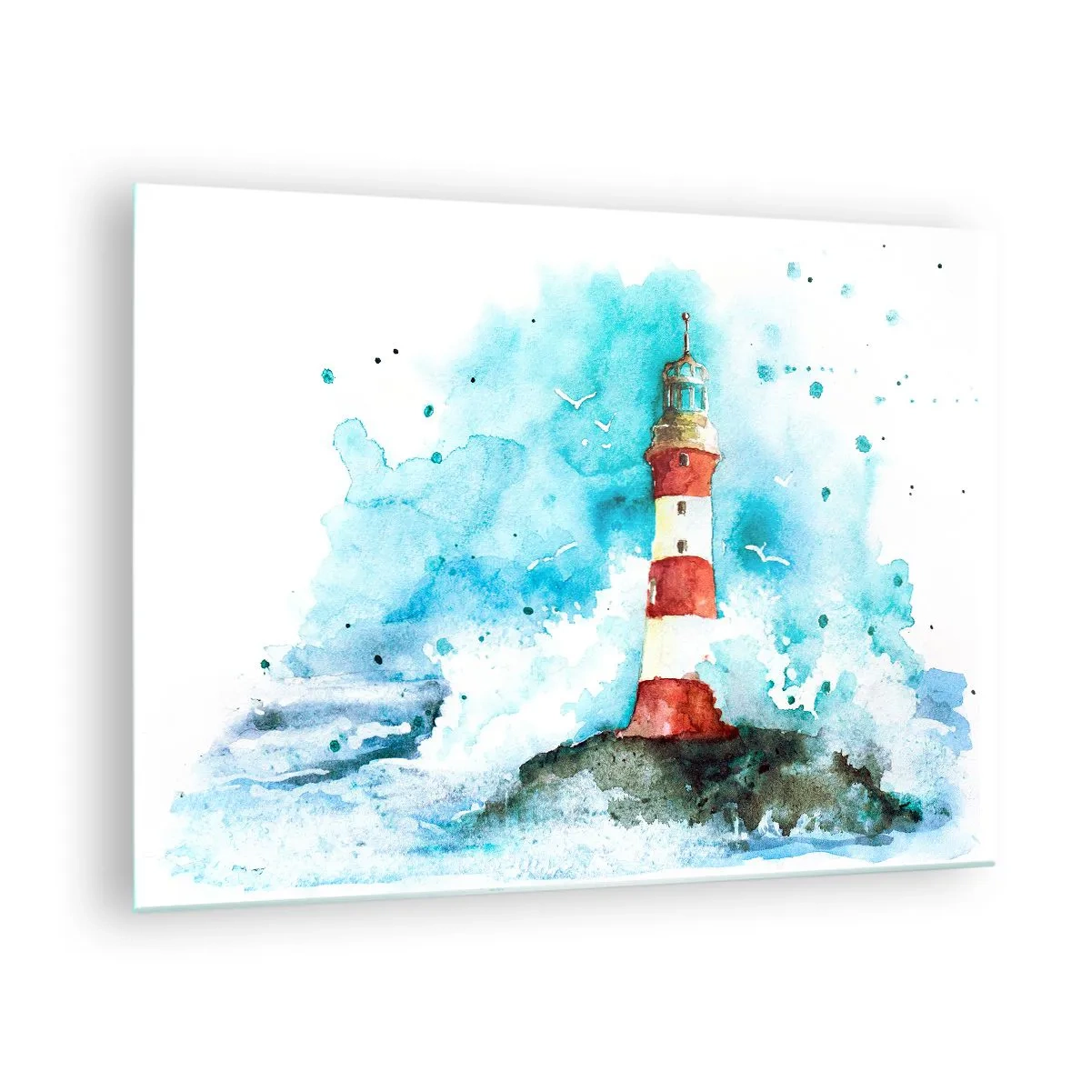 Impression sur verre - Image sur verre - Un phare entouré de vagues de la mer dans un style aquarelle - 70x50cm - Unité des éléments - Décoration murale moderne pour le salon et la chambre ARTTOR
