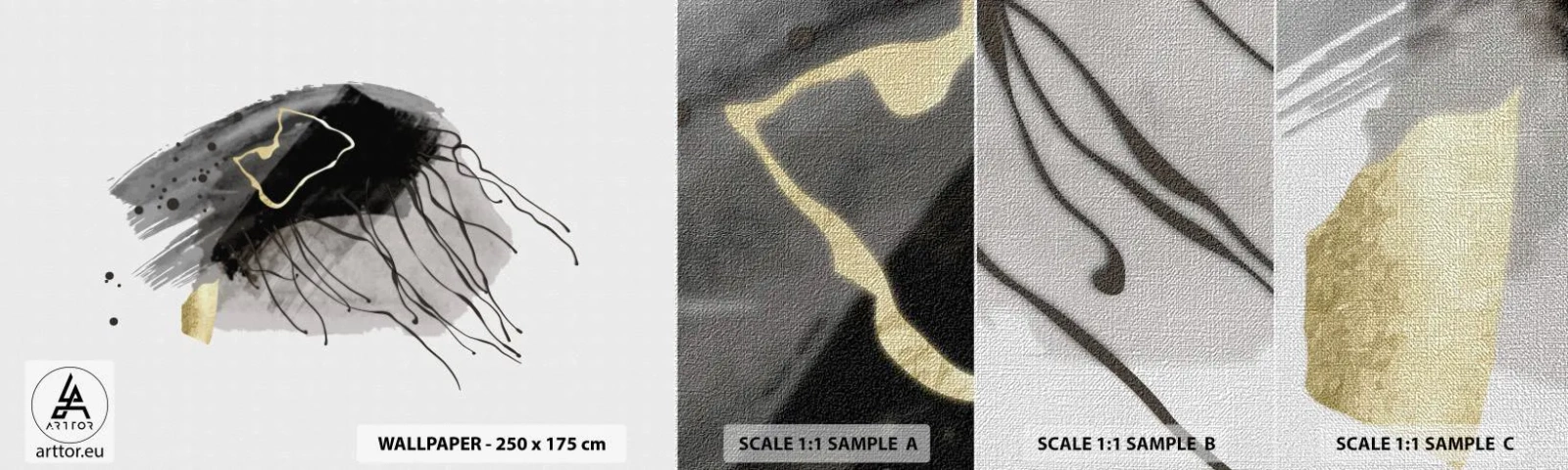 Échantillon de Papier Peint Premium Canvas - En noir et en or - Abstraction, Morceau, Graphique - 100x30 cm