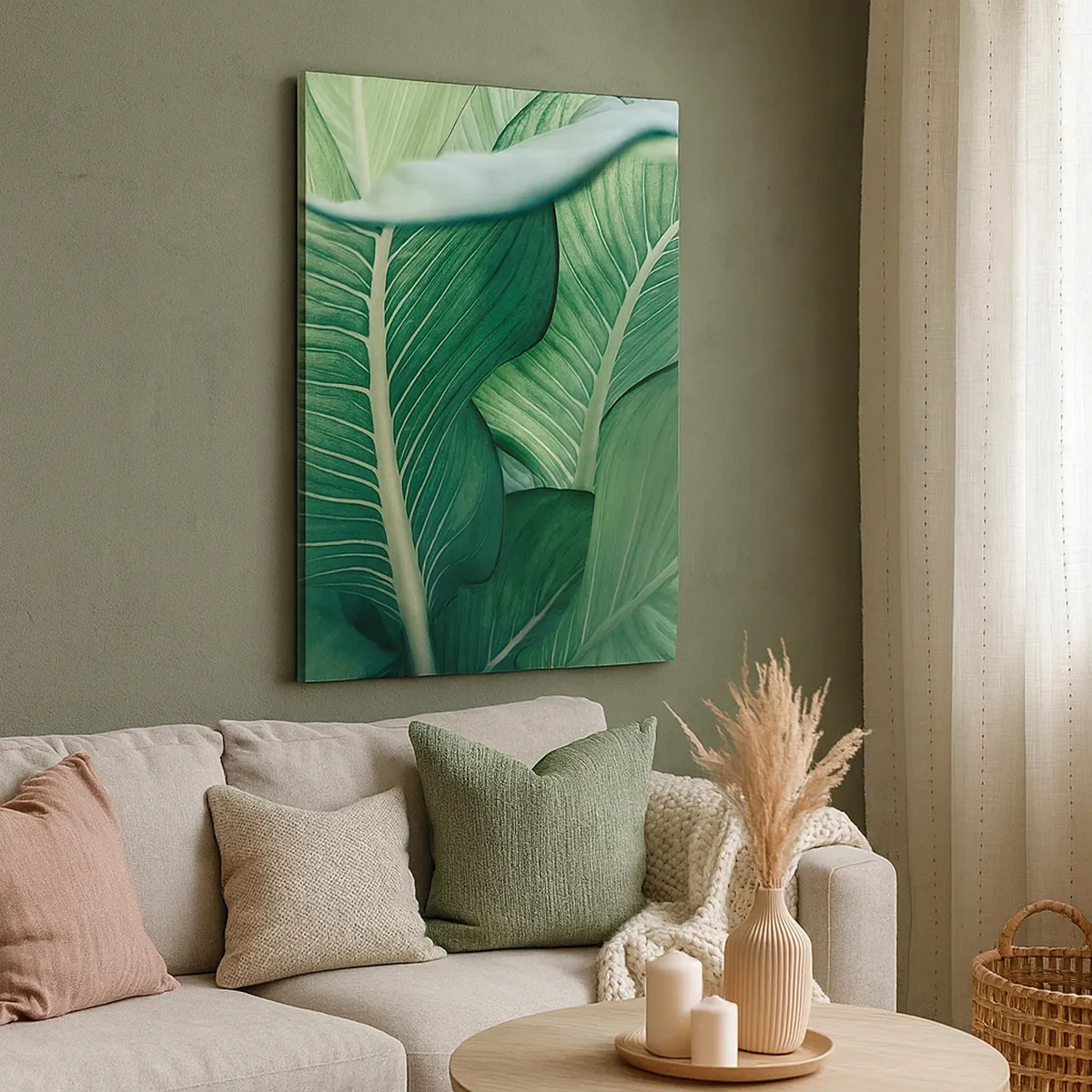 Impression sur toile - Image sur toile - Feuilles vertes avec des détails et une structure expressifs - 50x70cm - Une vie intensément verte - Décoration murale moderne pour le salon et la chambre ARTTOR