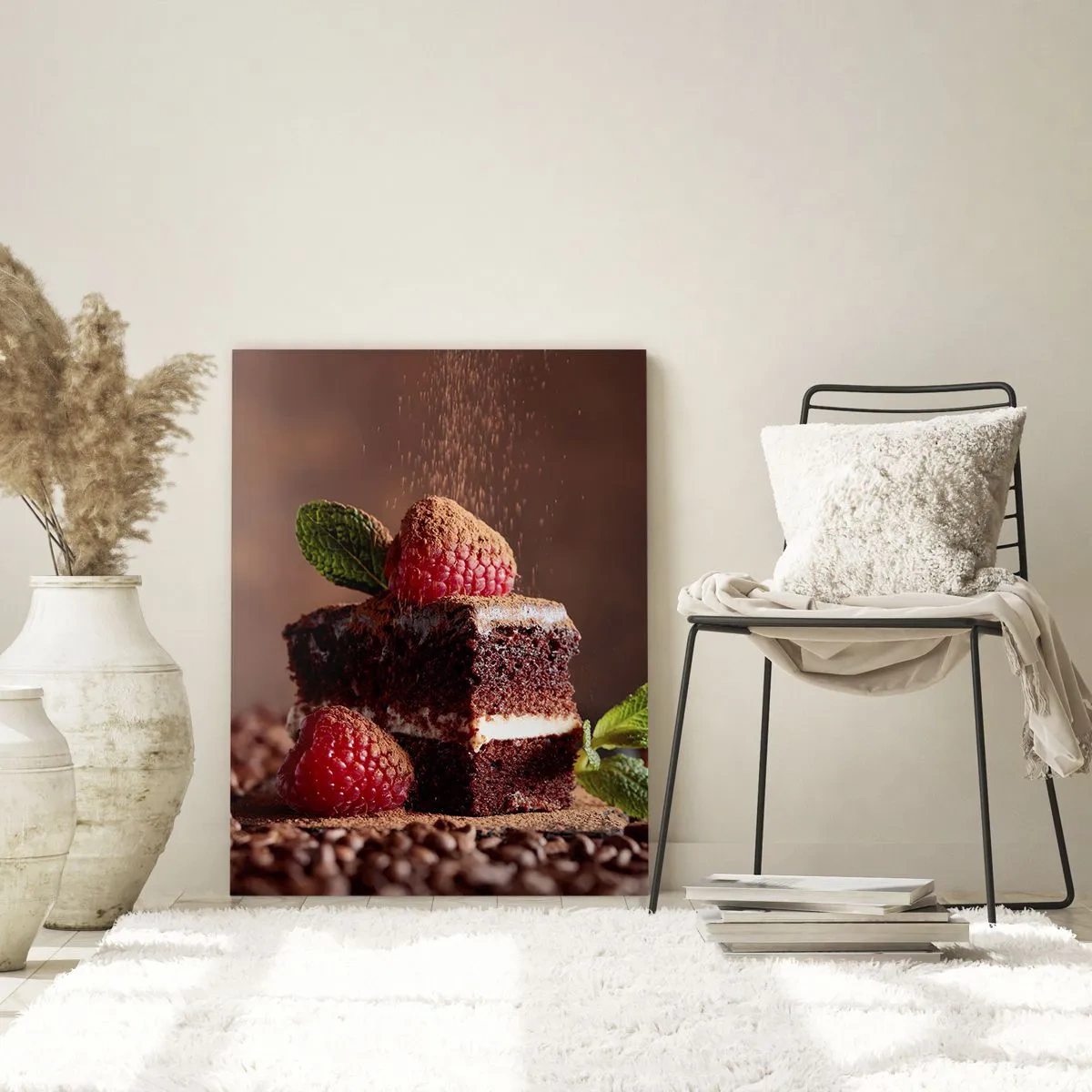 Impression sur verre - Image sur verre - Dessert au chocolat aux framboises et aux feuilles de menthe - 50x70cm - La vie est douce - Décoration murale moderne pour le salon et la chambre ARTTOR
