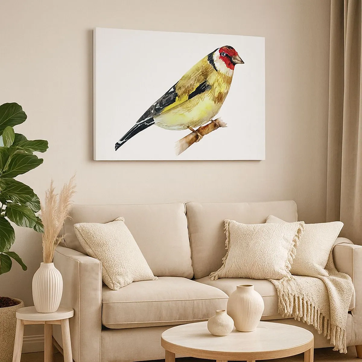 Impression sur toile - Image sur toile - Un oiseau à tête rouge sur une branche - 70x50cm - Portrait d'oiseau - Décoration murale moderne pour le salon et la chambre ARTTOR