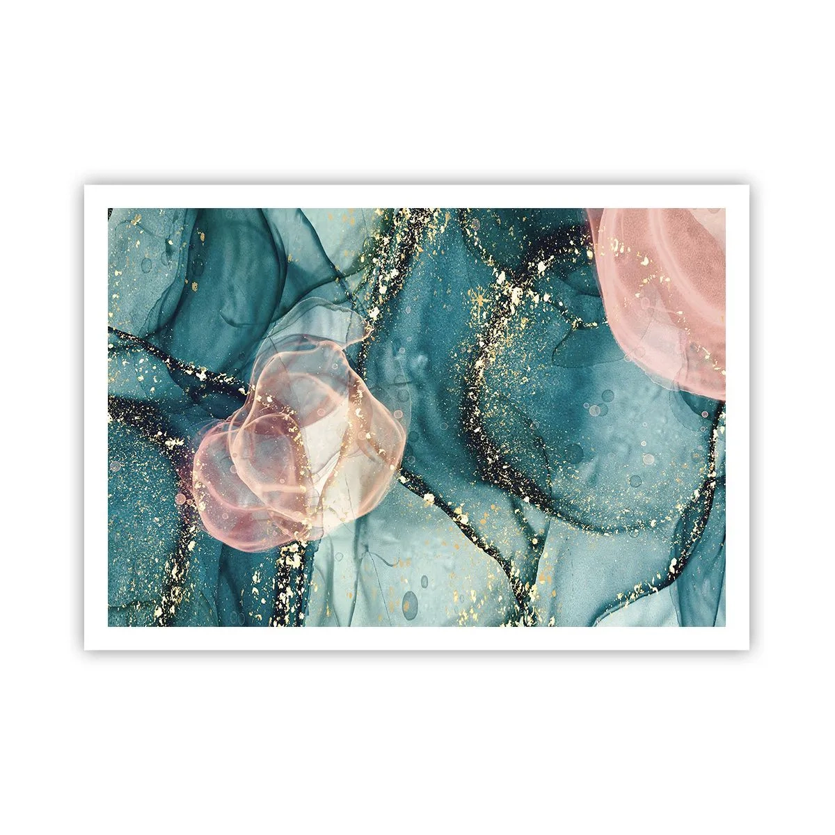 Affiche - Poster - Une composition abstraite dans des tons turquoise et or. - 100x70cm - Soie bleu, tulle rose - Décoration murale moderne pour le salon et la chambre ARTTOR