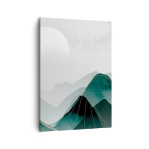 Impression sur toile - Image sur toile - Paysage de montagne abstrait avec la lune et des lignes dorées - 50x70cm - En pleine majesté - Décoration murale moderne pour le salon et la chambre ARTTOR