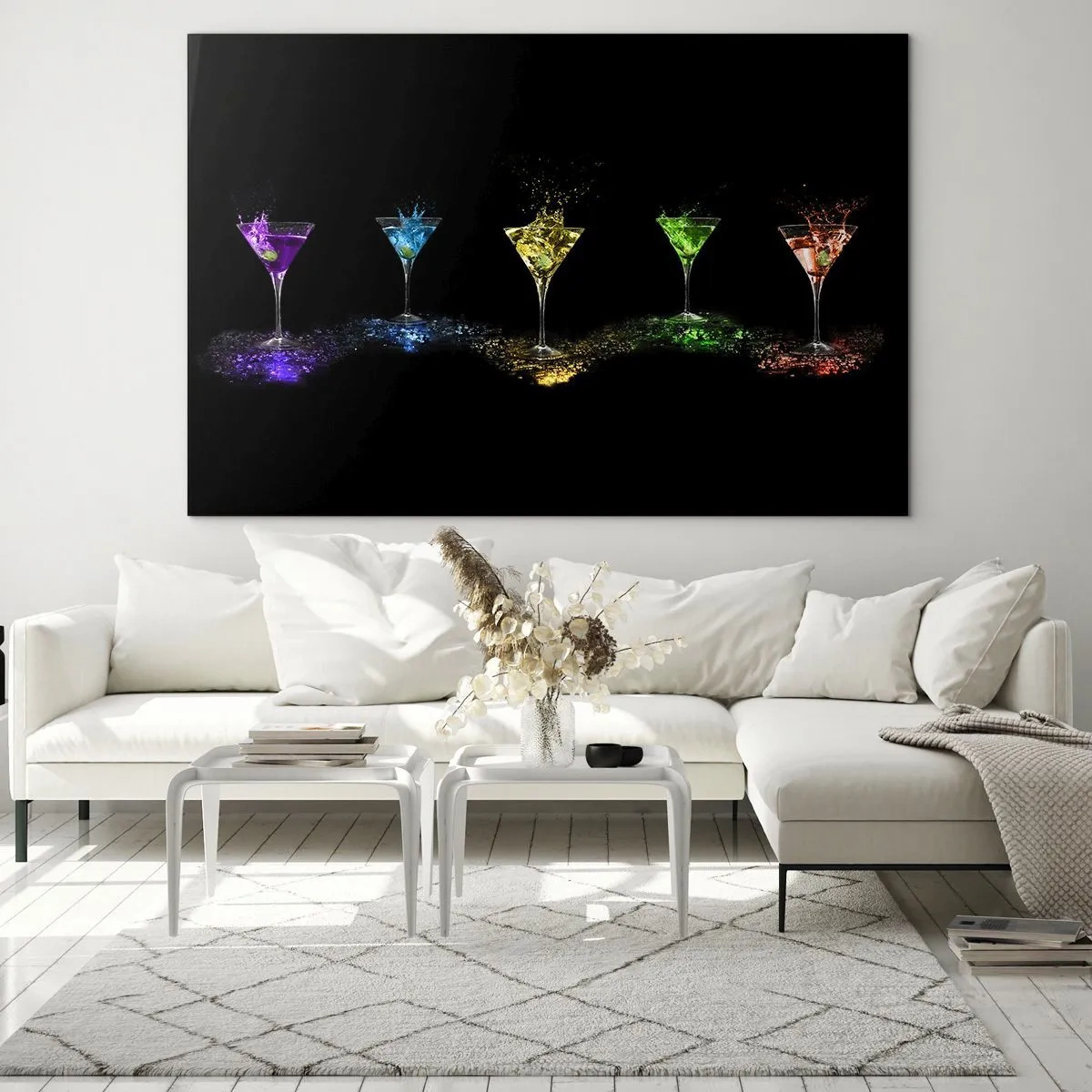 Impression sur verre - Image sur verre - Boissons colorées dans des verres sur fond noir - 70x50cm - Couleurs de joie en verre de cristal - Décoration murale moderne pour le salon et la chambre ARTTOR