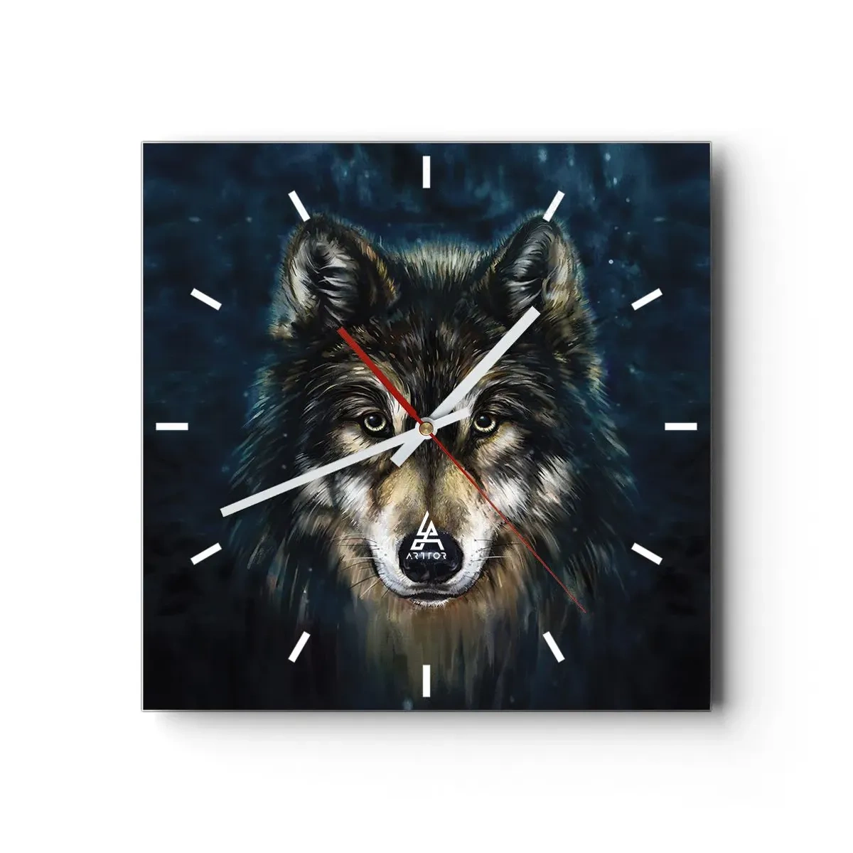 Horloge murale - Pendule murale - Portrait d'un loup sur fond bleu foncé - 30x30cm - Alpha? Et oméga - Décoration murale moderne pour le salon et la chambre ARTTOR