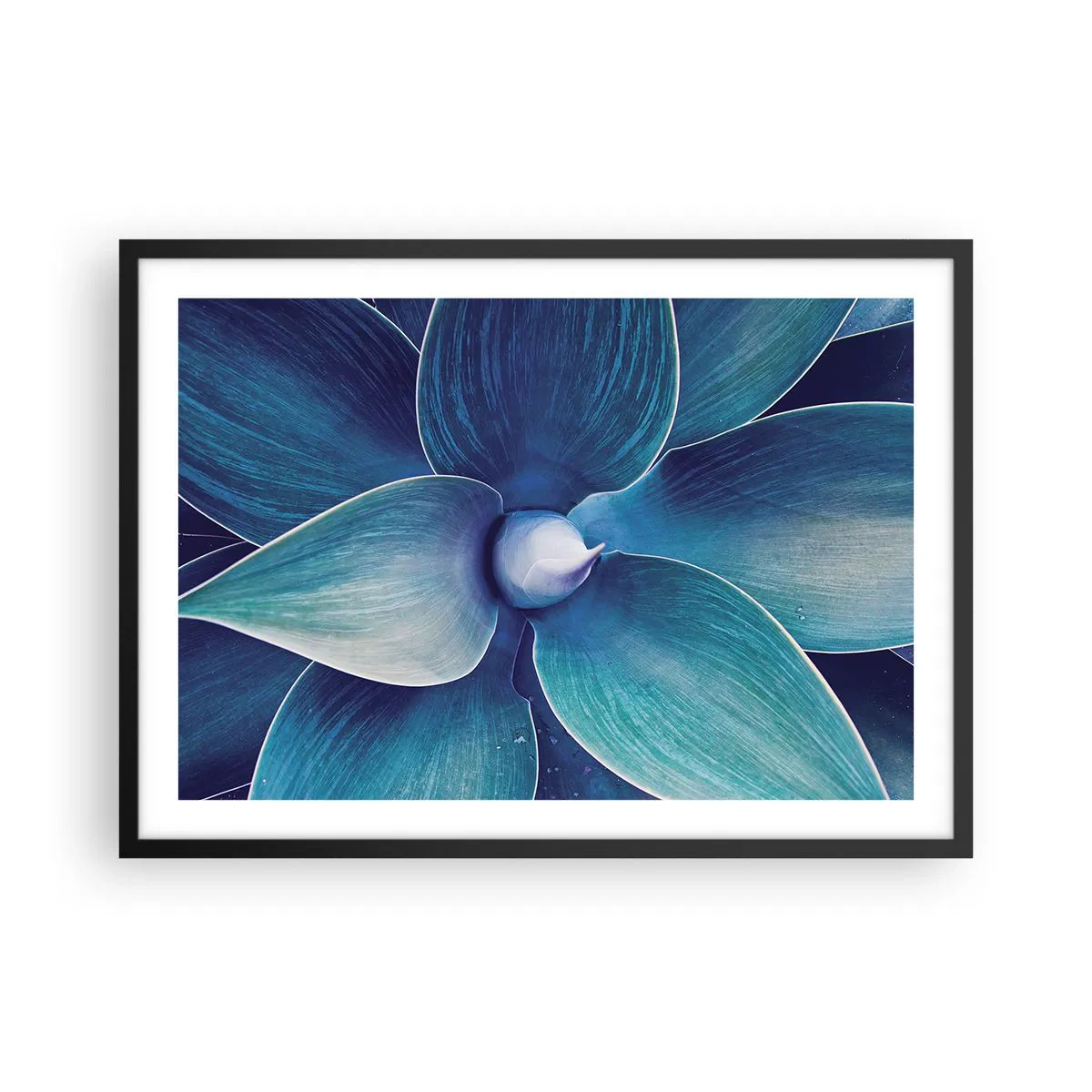 Affiche dans un cadre noir - Poster - Gros plan d'une fleur abstraite dans des tons de bleu - 70x50cm - Le bleu du ciel - Décoration murale moderne pour le salon et la chambre ARTTOR