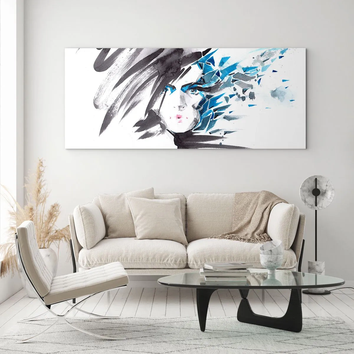 Impression sur verre - Image sur verre - Peinture faciale artistique à l'aquarelle avec des accents bleus - 120x50cm - Portrait sensuel en gris et bleu - Décoration murale moderne pour le salon et la chambre ARTTOR