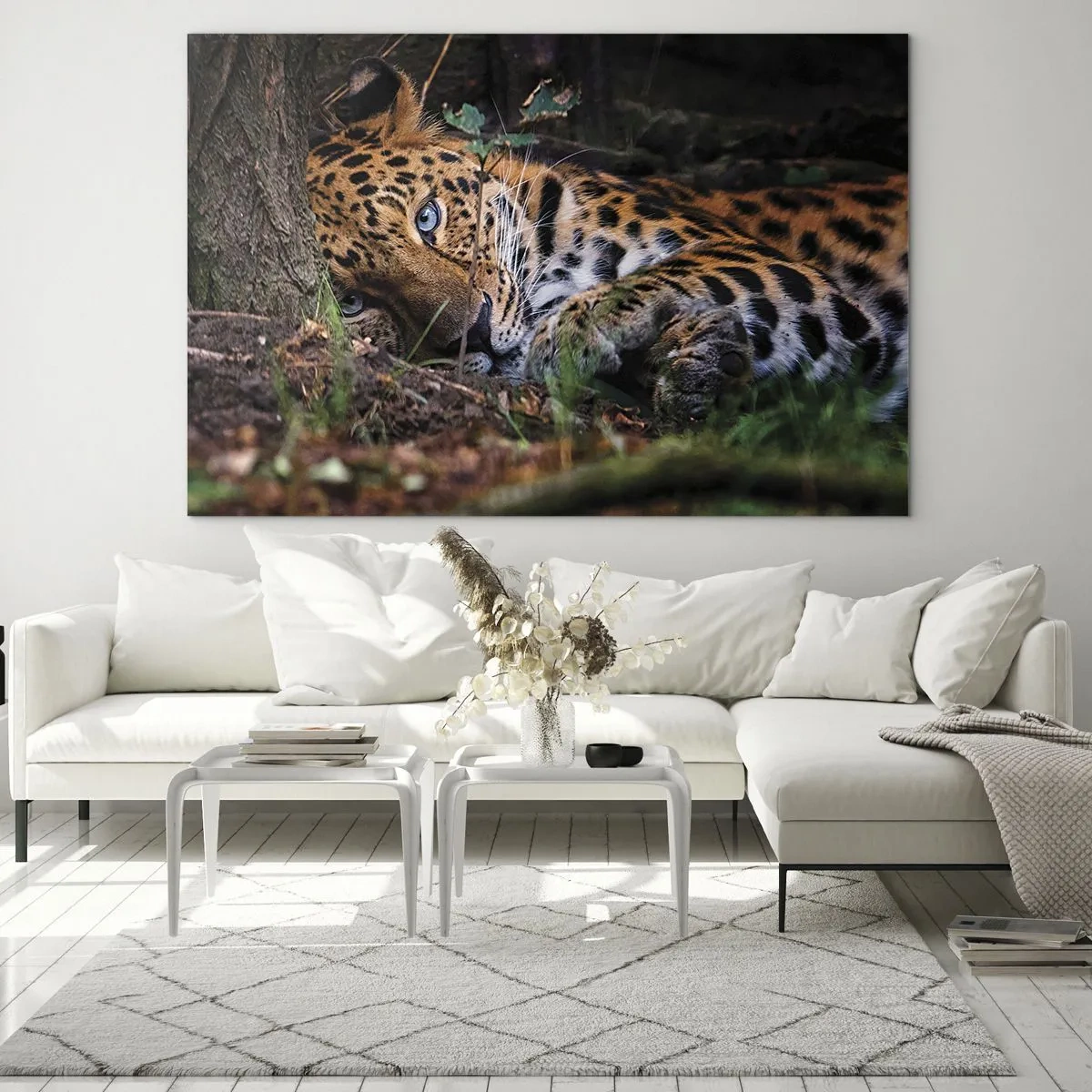 Impression sur verre - Image sur verre - Un jaguar allongé sur le sol, regardant calmement la caméra. - 70x50cm - Fais-moi confiance - Décoration murale moderne pour le salon et la chambre ARTTOR